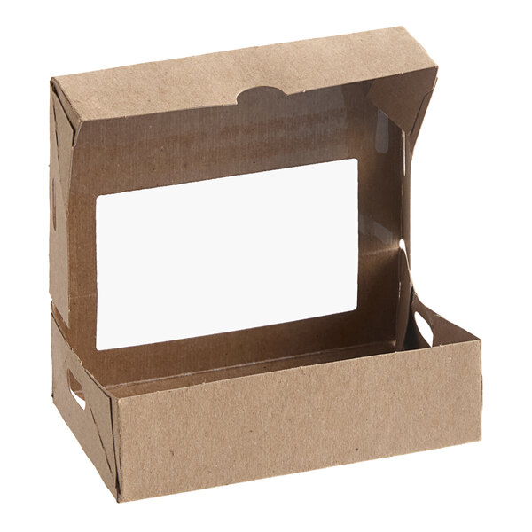 A small kraft paperboard take-out box with a clear window and vented design, suitable for microwaving.