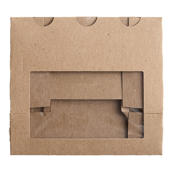 A kraft-colored, vented, microwavable poly-lined paperboard take-out box with a clear window on the front.