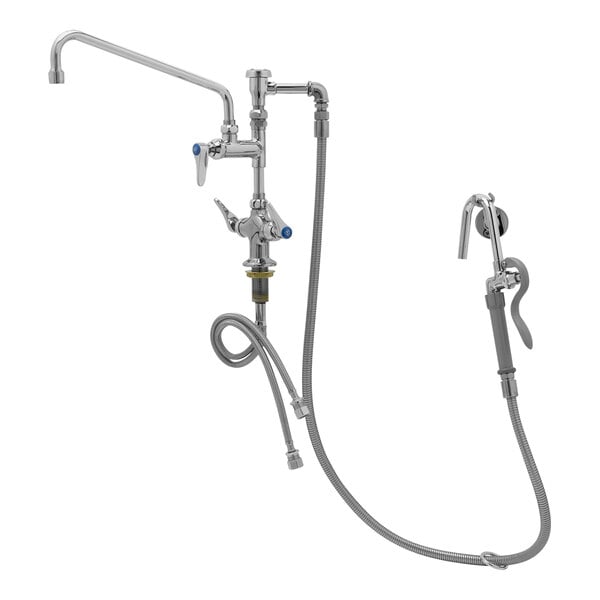 A T&S stainless steel pot and kettle filler faucet with hoses and a hand sprayer.