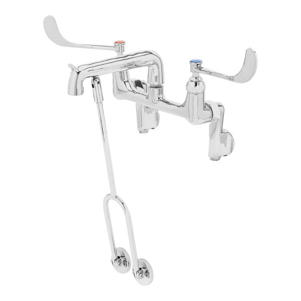 A T&S chrome mop sink faucet with two wrist action handles and a hose.