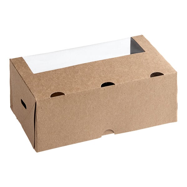 A rectangular kraft paperboard take-out box with a clear window and vent holes on the sides.