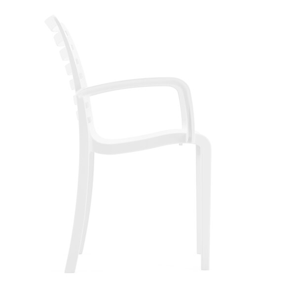 A white resin stackable outdoor arm chair with a slatted back and armrests.