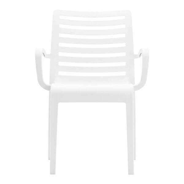 A white resin stackable outdoor arm chair with a slatted back design.