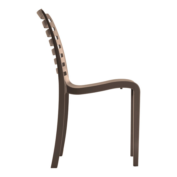 A bronze-colored resin stackable outdoor side chair with a slatted backrest.