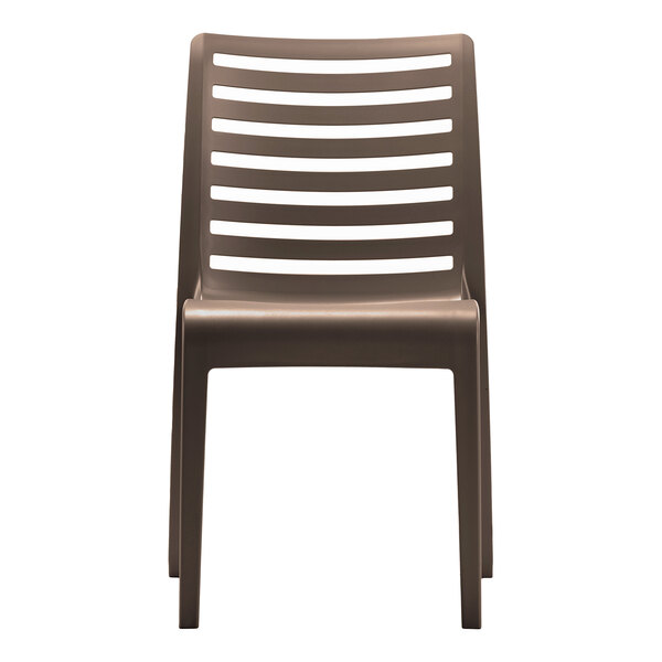A bronze-colored resin stackable outdoor side chair with a slatted back design.