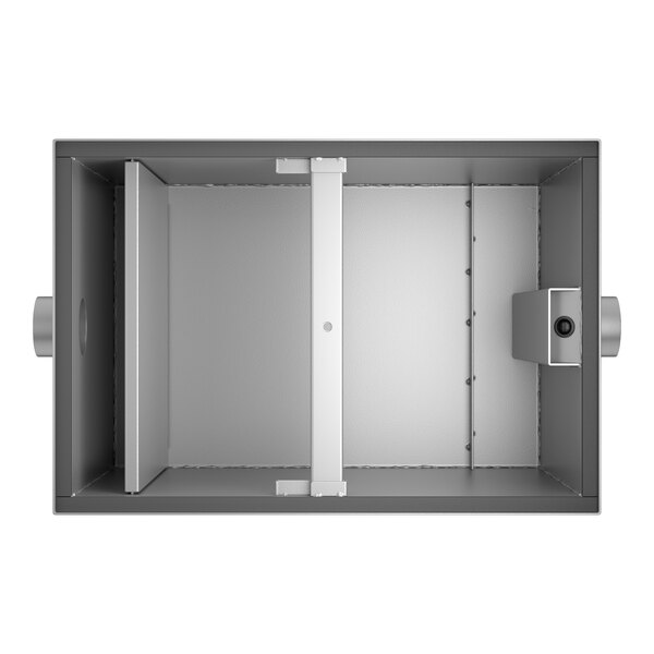 A rectangular metal grease trap with internal baffles and 3-inch non-threaded pipe connections on each side.
