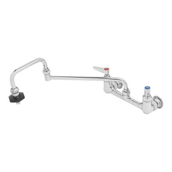 A stainless steel T&S pot filler faucet with silver and black lever handles.