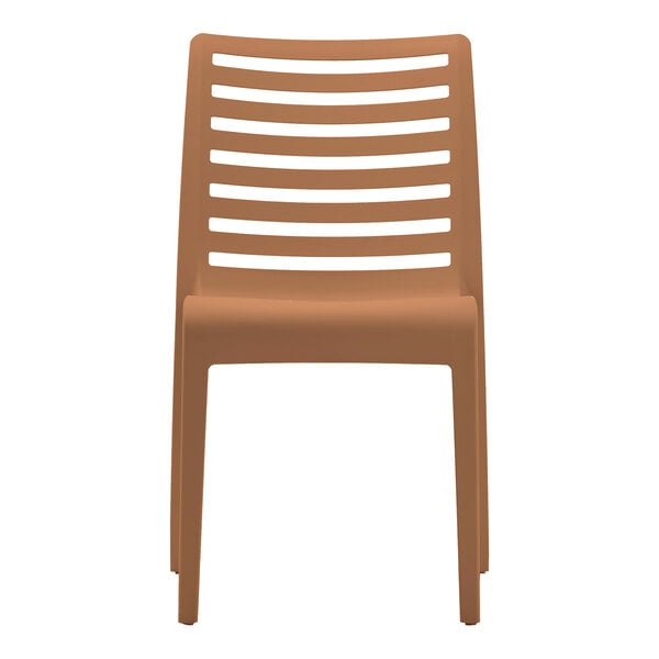 A brown resin stackable outdoor side chair with a slatted back design.