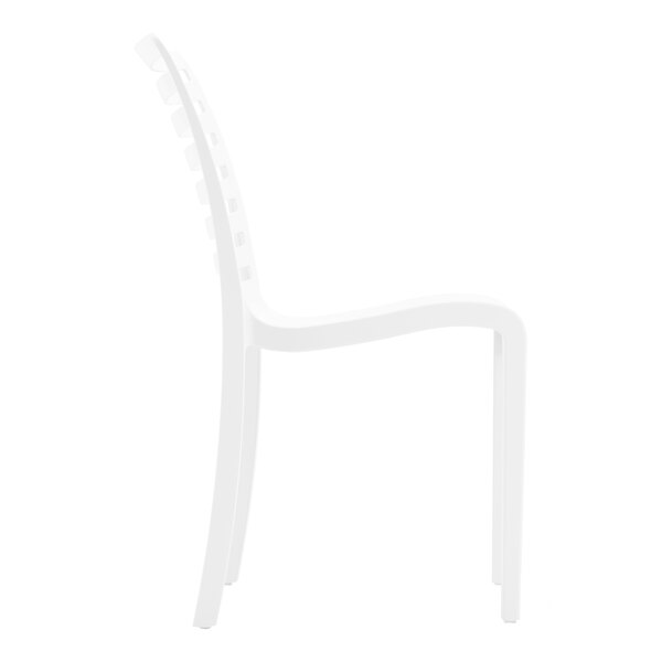 A white resin stackable outdoor side chair with a curved back and simple design.