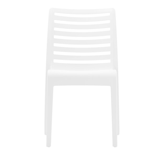 A white resin stackable outdoor side chair with a slatted back design.