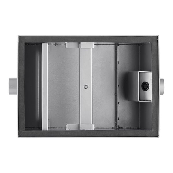 A rectangular metal grease trap with a central divider and two non-threaded pipe connections on opposite sides.