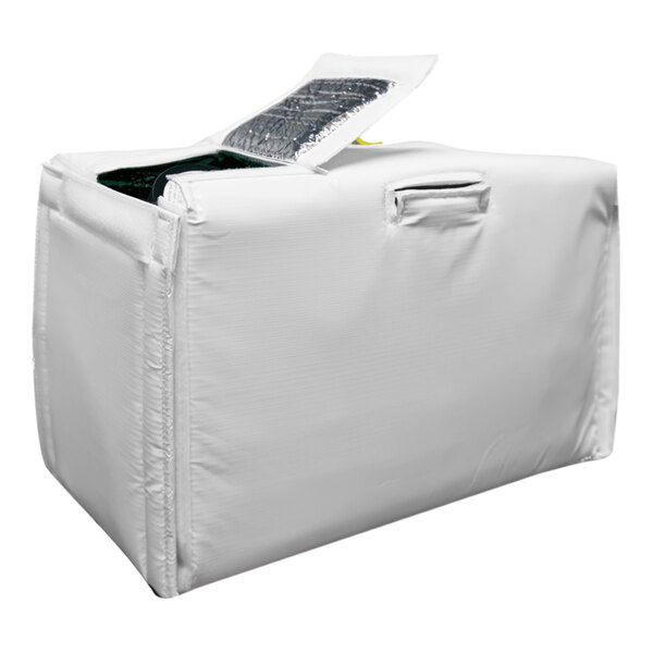 A white insulated heat shield cover designed for a portable eye and face wash station.