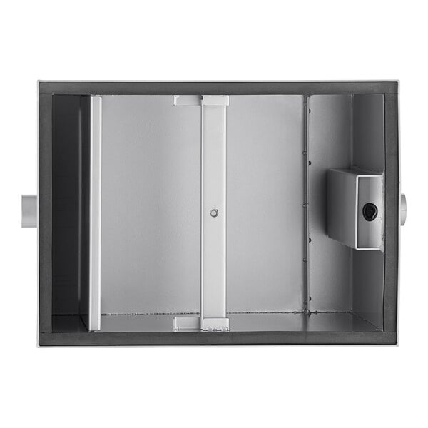 A rectangular metal grease trap with internal baffles and a side-mounted inlet and outlet.
