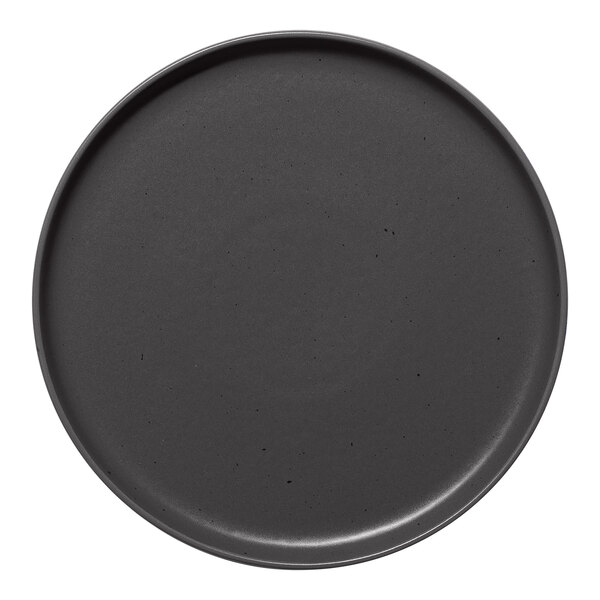 A round gray porcelain plate with a raised rim.