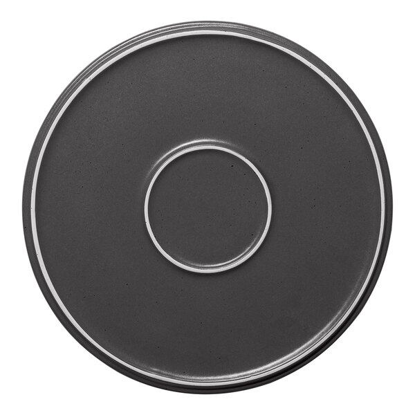 A round gray porcelain plate with a raised rim and a central circular indentation.