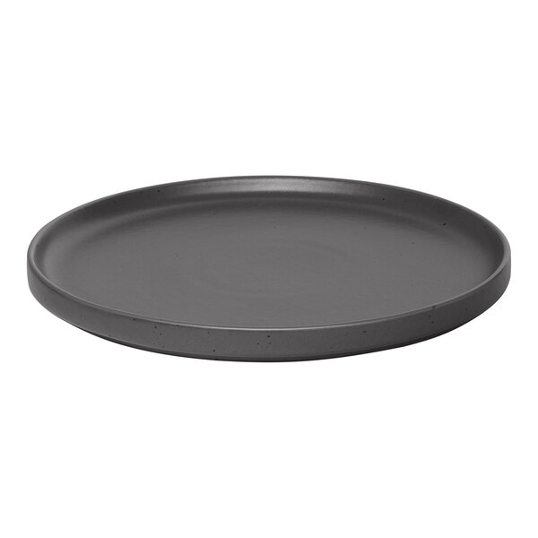 A round gray porcelain plate with a raised rim.