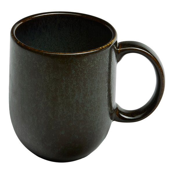 A black porcelain coupe mug with a rounded shape and handle.