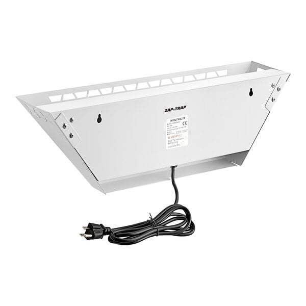 A white metal trapezoidal wall sconce LED insect light trap with a power cord and mounting holes.