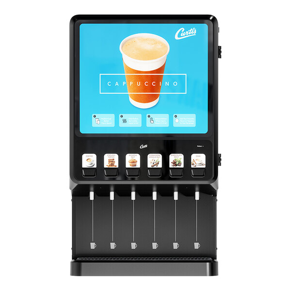 A commercial cappuccino dispenser with six hoppers and a hot water faucet.