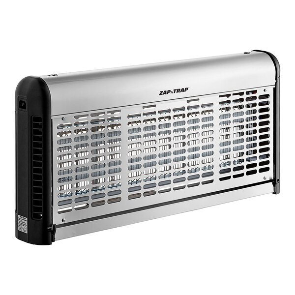 A stainless steel indoor LED insect trap and bug zapper with a protective grill and rectangular design.