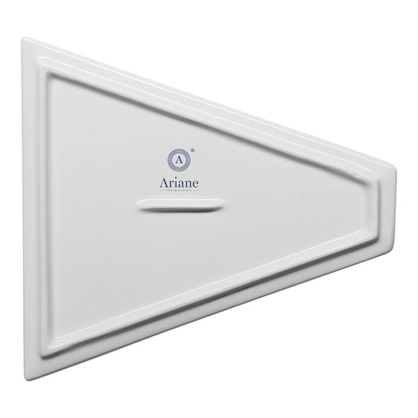 A white, triangular porcelain plate with a raised rim, designed for serving a single pizza slice.
