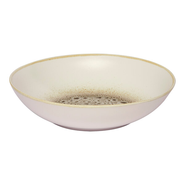 A round porcelain deep coupe plate with a brown and cream color scheme.