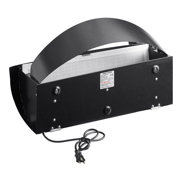 A black metal wall sconce LED insect light trap with a power cord and a curved top handle.