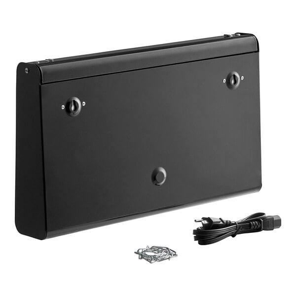 A black indoor LED insect light trap with two glue boards, a power cord, and mounting hardware.