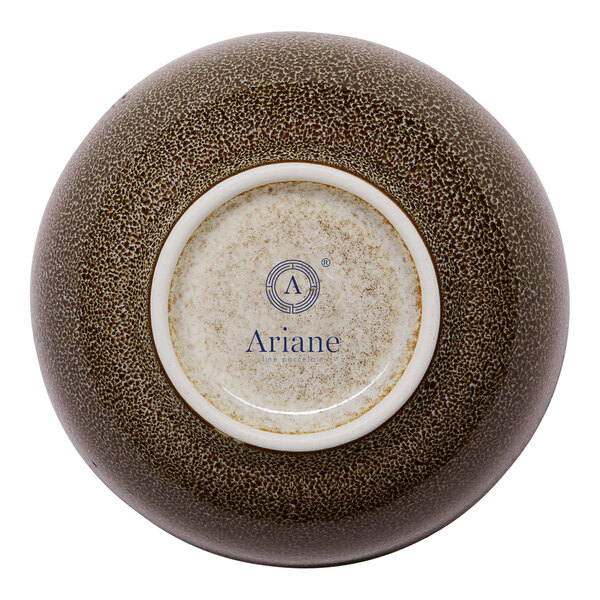 A brown round porcelain coupe bowl with a speckled pattern, shown upside down with the Ariane brand logo on the base.