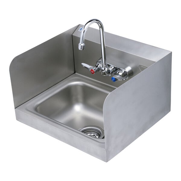 T&S B-1146-02A-CR-4W-S 17 3/8" x 15 1/4" Wall-Mounted Hand Sink with Side Splashes and Faucet with 4 3/8" Gooseneck Spout, 2.2 GPM Aerator, Cerama Cartridges, and Lever Handles