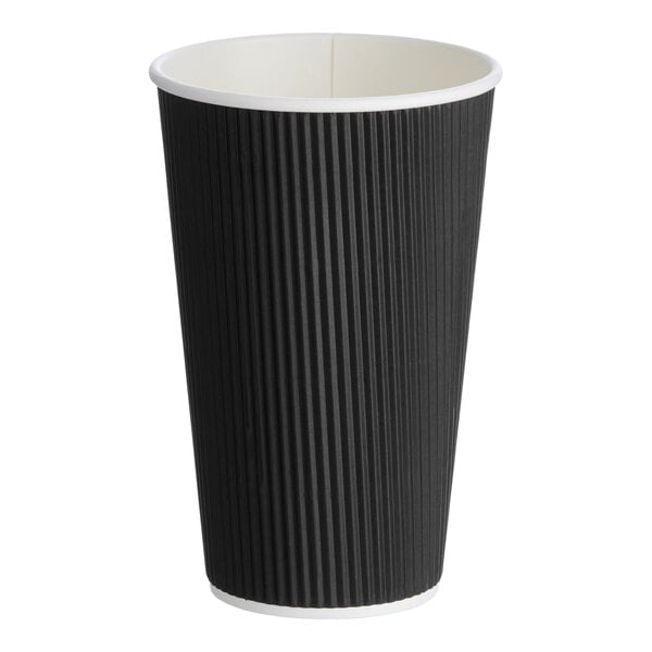 A black double wall ripple paper hot cup with a 16 oz. capacity.