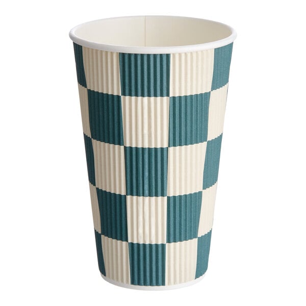 A 16 oz. navy checkered double wall ripple paper hot cup.