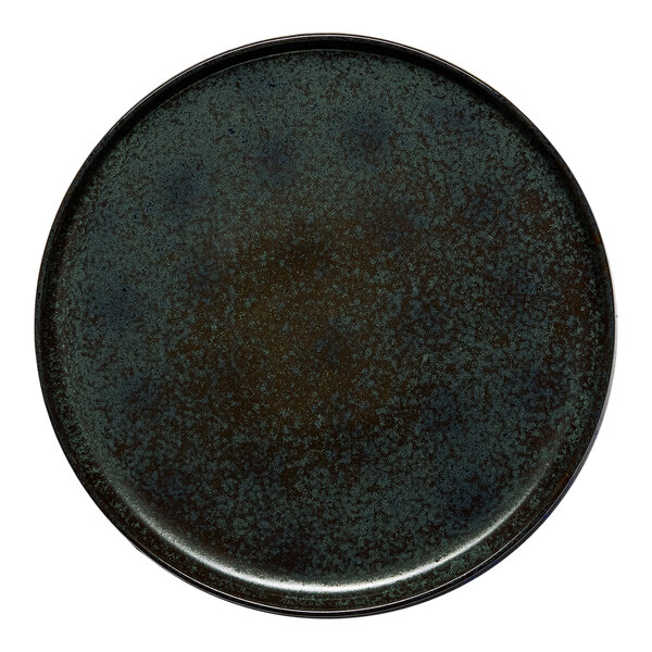 A round black porcelain plate with a raised rim.