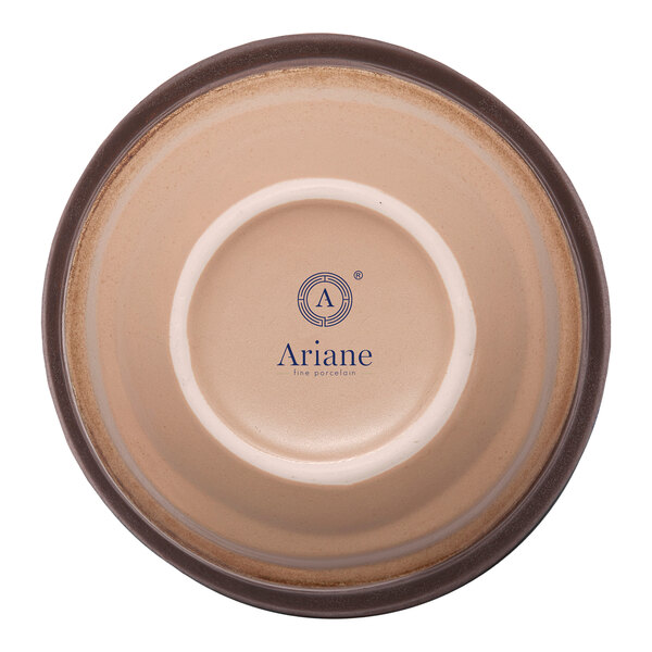 A brown round porcelain bowl with an irregular shape, viewed from the bottom, featuring the Ariane brand logo.