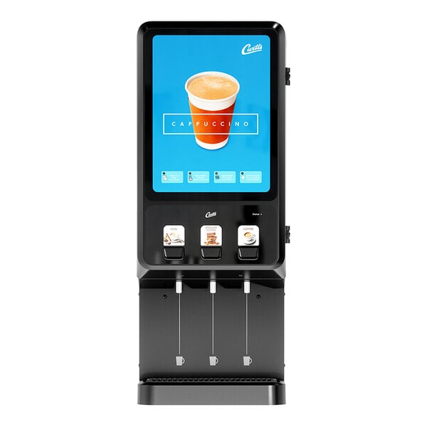 A commercial cappuccino dispenser machine with three hoppers and a digital display.