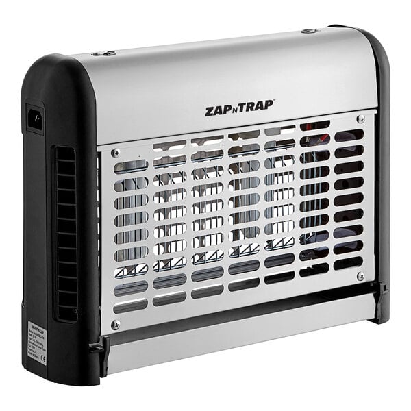 A stainless steel indoor LED insect trap and bug zapper with a protective grill and black side panels.