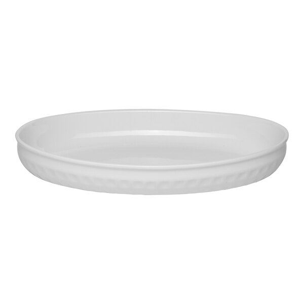 An ivory oval porcelain casserole bowl with a raised rim.