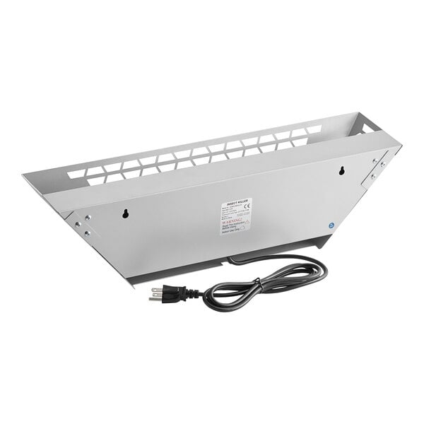 A silver metal trapezoidal wall sconce LED insect light trap with a power cord and mounting holes.