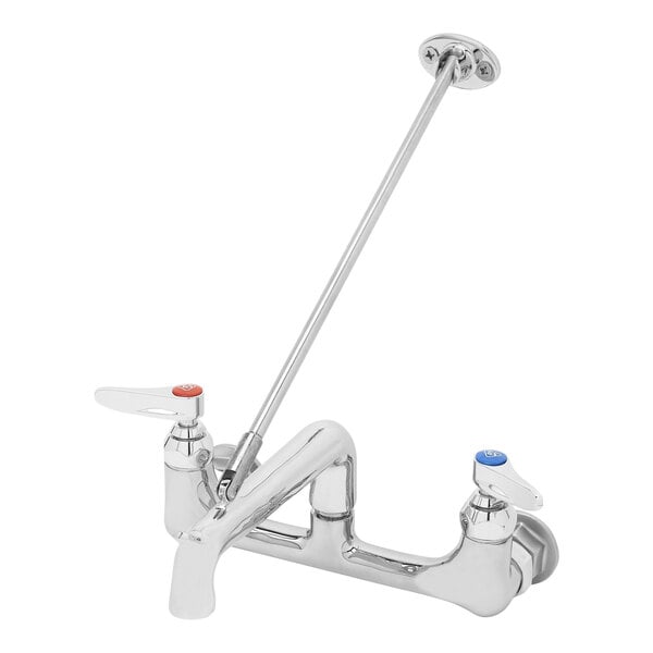 A T&S polished chrome wall mount service sink faucet with two handles and two faucets.