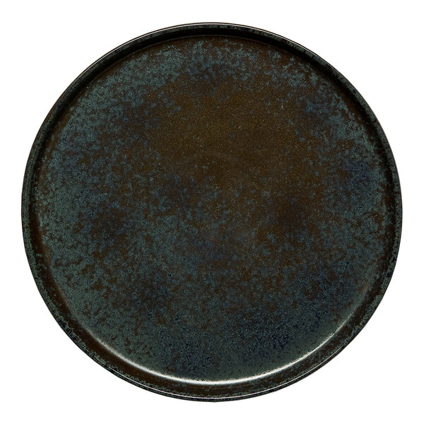 A black round porcelain plate with a raised rim.