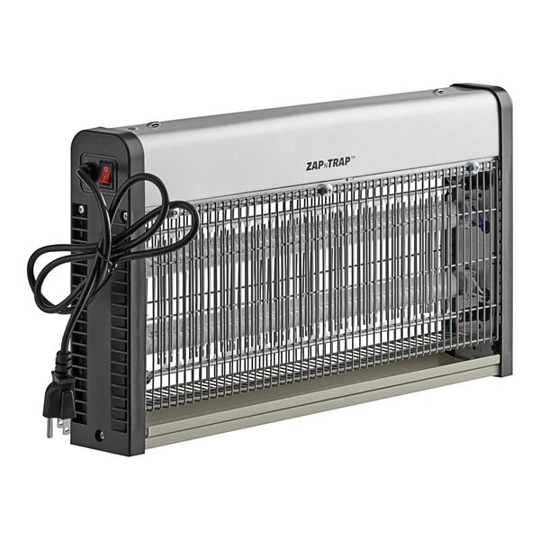 A stainless steel indoor LED insect trap and bug zapper with a power cord and protective grill.