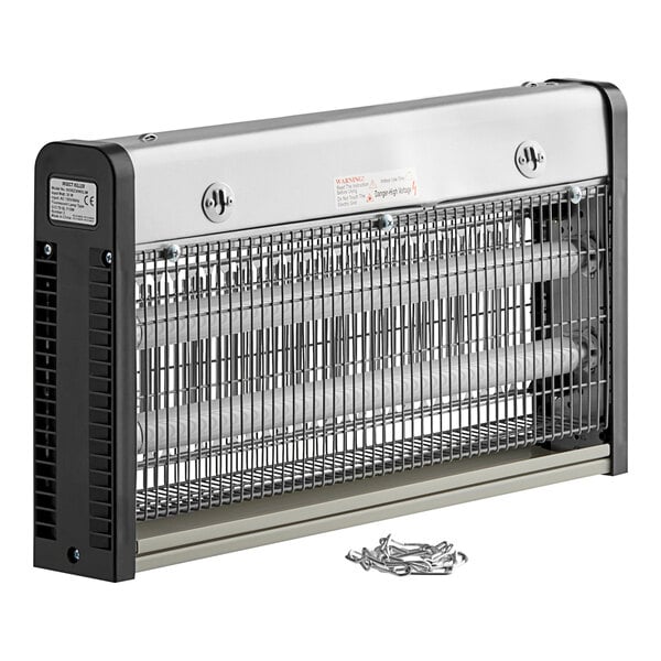 A stainless steel indoor LED insect trap and bug zapper with a protective grill and included mounting hardware.