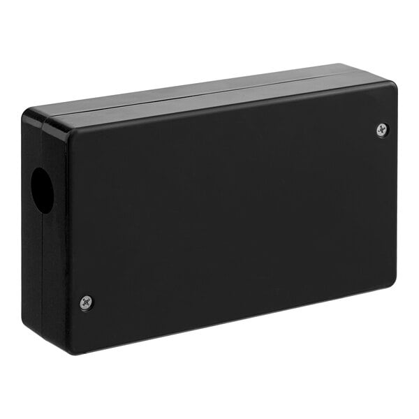 A rectangular black plastic enclosure with two visible screws on the front and a circular hole on the side.