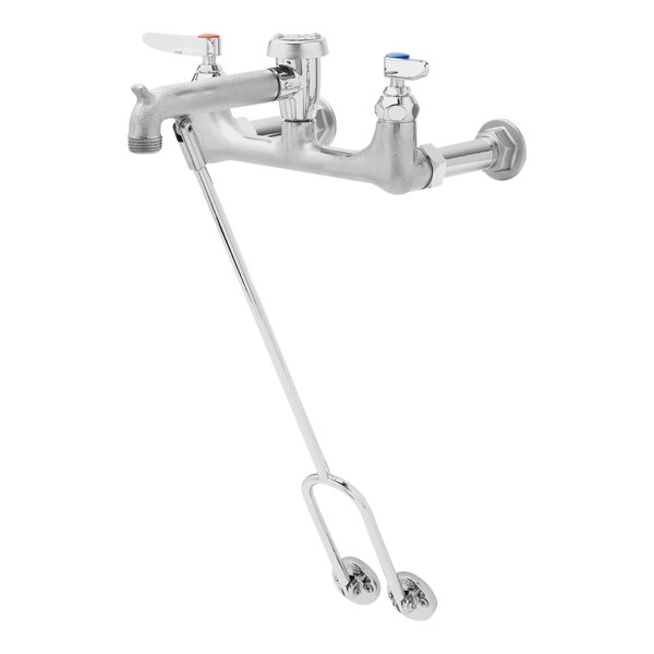 A silver T&S rough chrome service sink faucet with a handle.