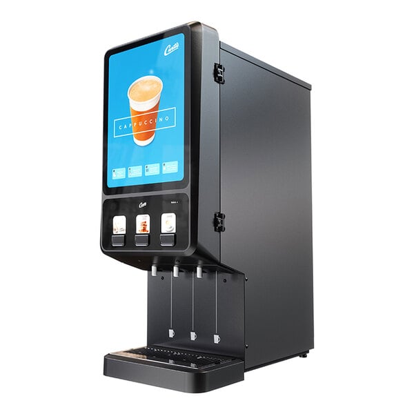 A commercial cappuccino dispenser with three hoppers and a lift door.