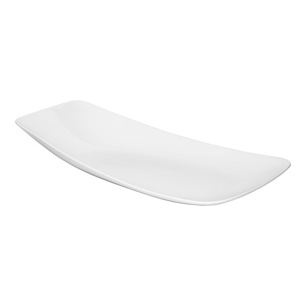 A rectangular ivory porcelain platter with an asymmetric raised rim.