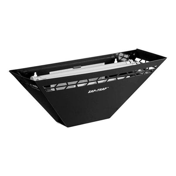 A black metal trapezoidal wall sconce LED insect light trap with glue boards for pest control.