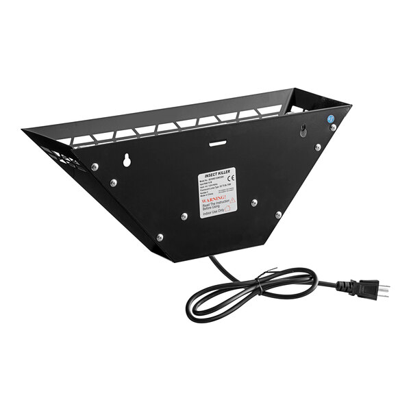 A black metal trapezoidal wall sconce LED insect light trap with a power cord.