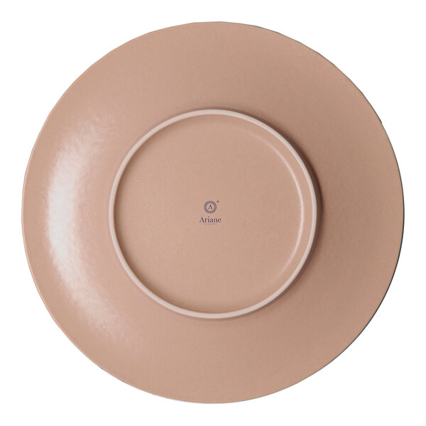 A round, brown porcelain plate with a wide rim, shown from the bottom.