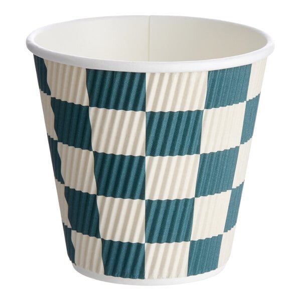 A navy and white checkered double wall ripple paper hot cup.